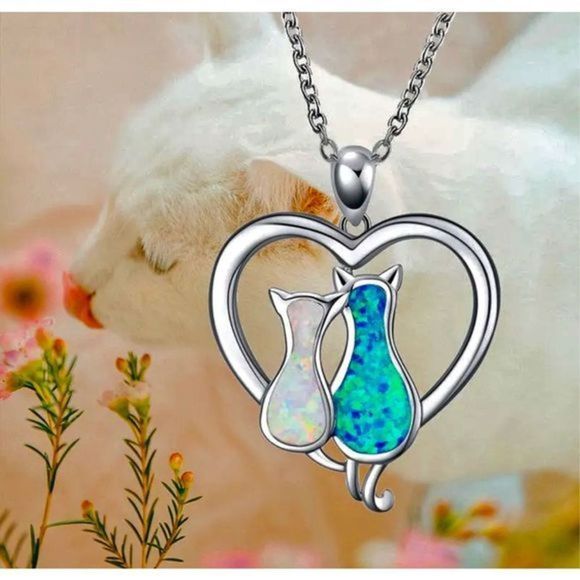 BLUE AND WHITE OPAL KITTY CAT LOVE NECKLACE - Picture 4 of 5